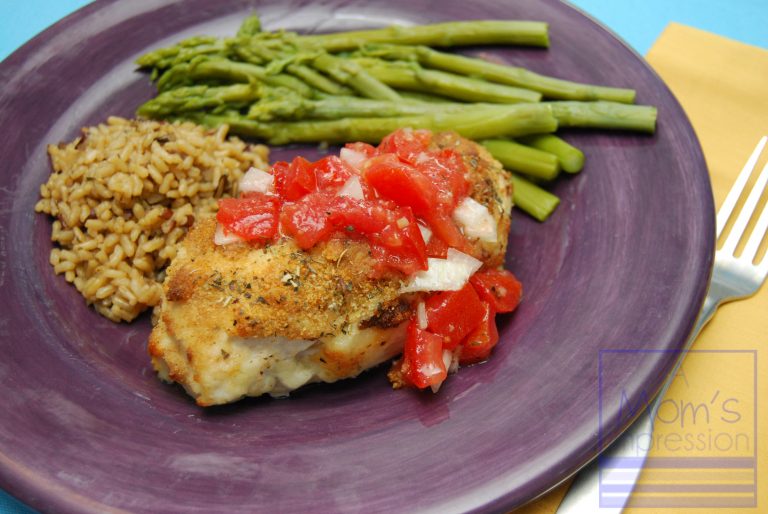 Hellman's Parmesan Crusted Chicken Recipe on a purple plate.