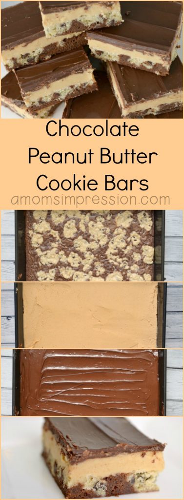 The tastiest Peanut Butter Chocolate Bars you will ever try. It's like eating a Reese's Cup on top of a chocolate chip cookie. These are simple and easy to make in under 30 minutes.