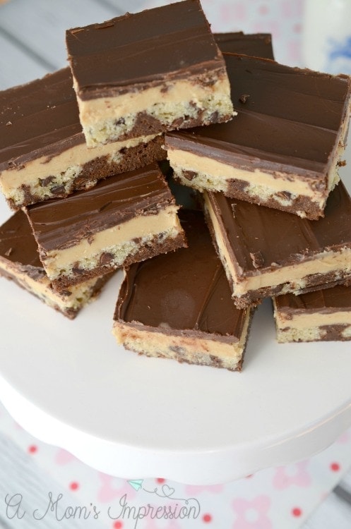 Chocolate peanut butter bars being served for dessert