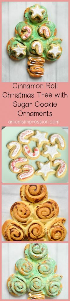 This cinnamon roll Christmas tree with sugar cookie ornaments recipe is a great dessert to wow your guests this Christmas! #ad