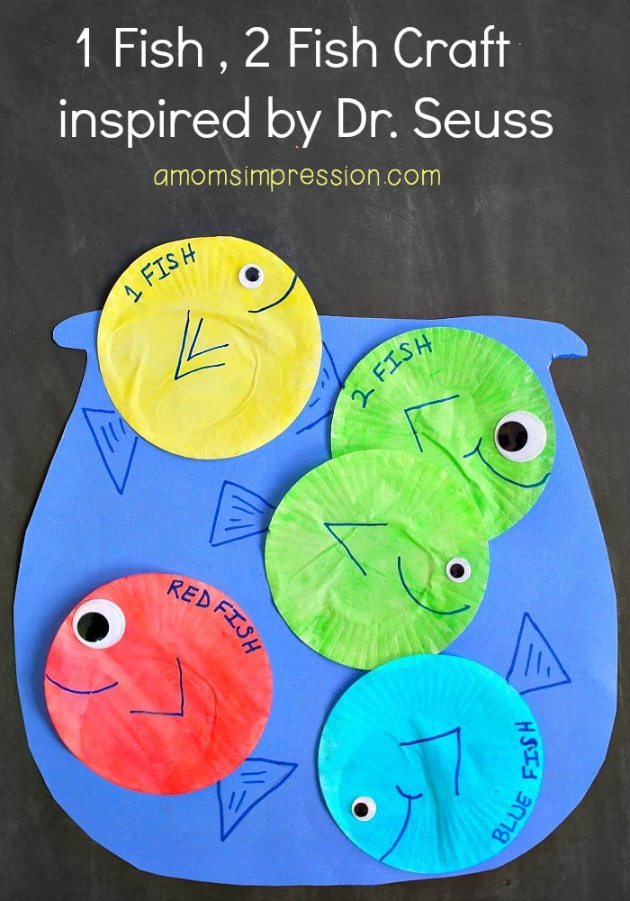 Celebrate Dr. Seuss with this 1 Fish 2 Fish Red Fish Blue Fish craft for kids that's adorable and can be made with mostly things you have on hand already!