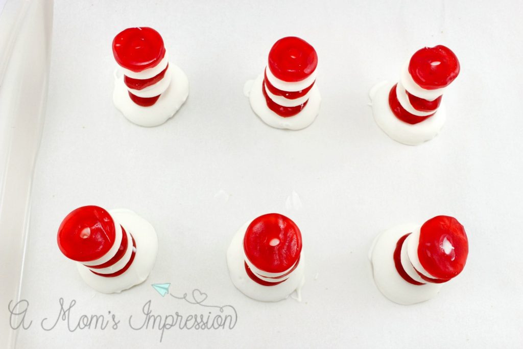 The finished product of these The Cat in the hat treats for Dr. Seuss party ideas. 