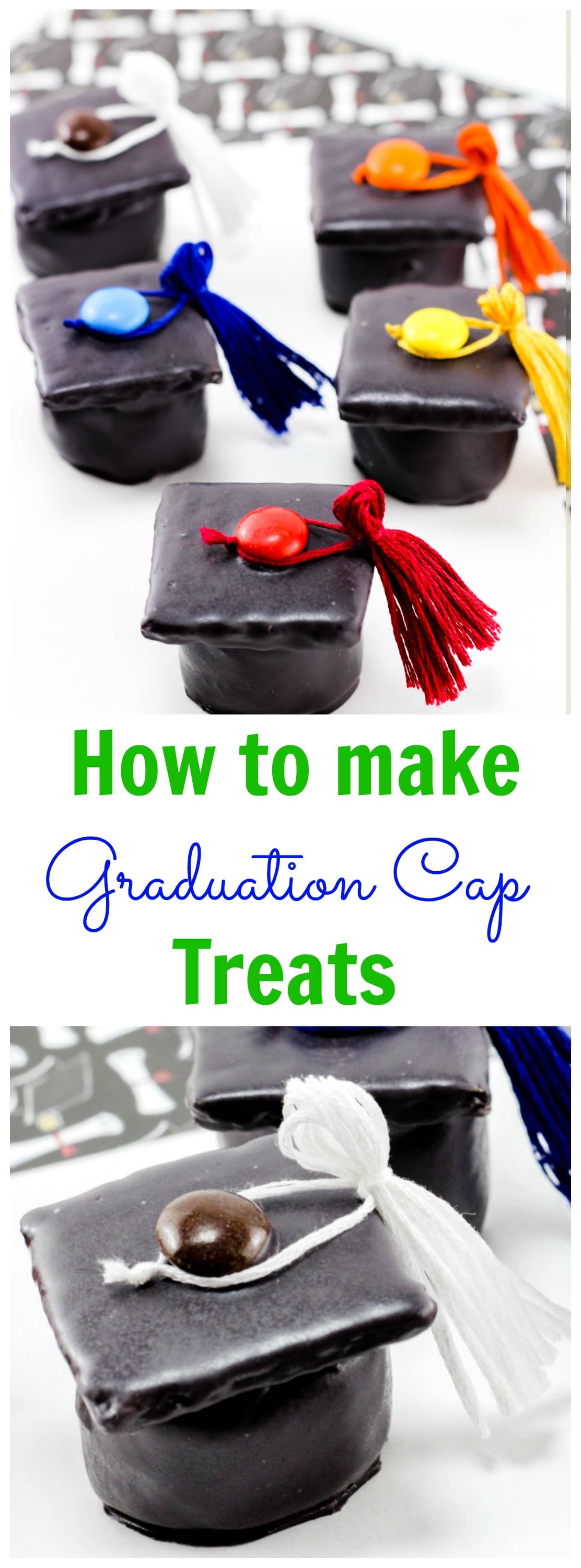 These graduation cap treats are perfect for those new grads whether they're graduating kindergarten, high school, or college! These graducation cap treats are the perfect graduation party recipe that will make your grad feel special. Plus - they fit right in with your graduation party decorations!