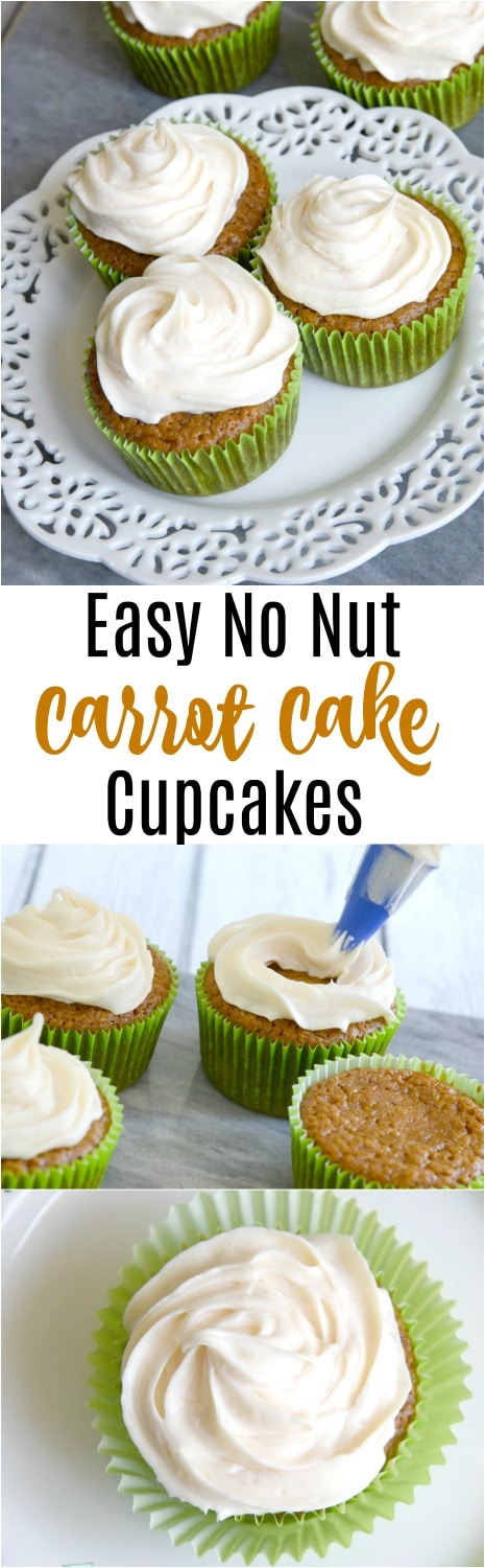 Nut-Free Carrot Cake cupcakes that are simple and moist. There is a secret ingredient that makes a world of difference in this recipe.