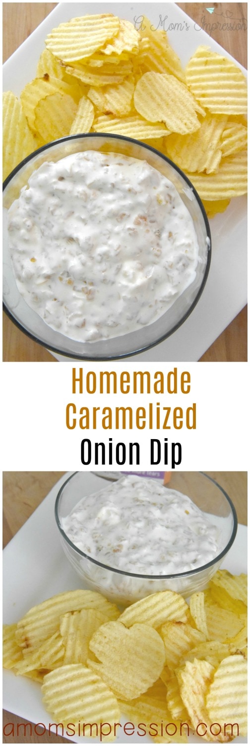 This easy homemade cramelized onion dip recipe can be made in under 5 minutes. This cold dip is perfect for chips for your next party. Made with sour cream, onions and cream cheese. 