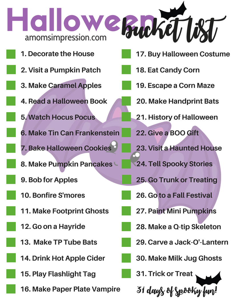  Make some memories this Halloween with your family. Check out this fun October bucket list of kids activities that kids of all ages, from preschoolers to teens, will love to do with thier parents.