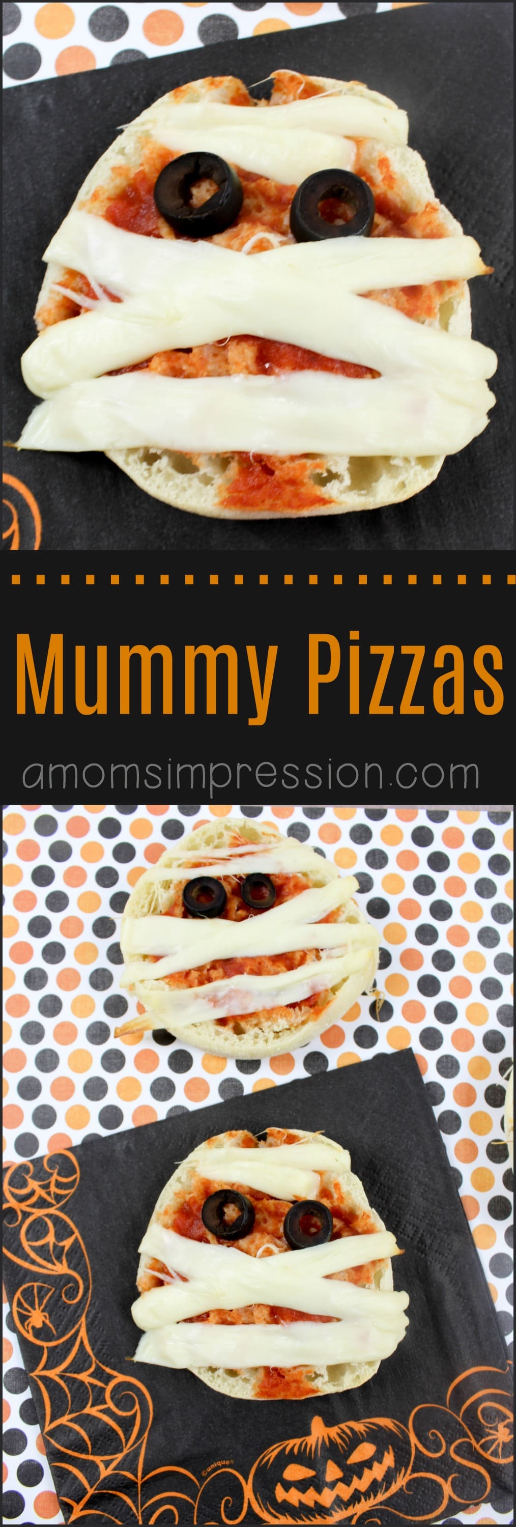 These adorable Mummy pizzas are perfect for kids this Halloween. Using English muffins and string cheese, these fun bites are ready in minutes. 