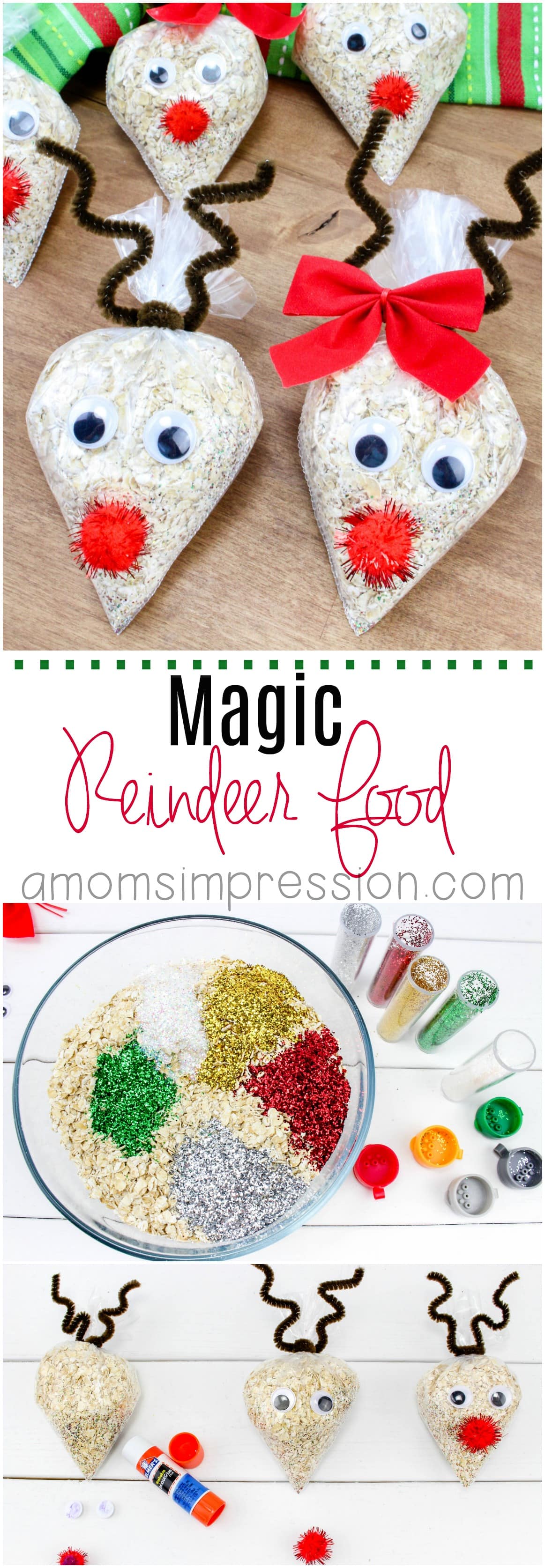 Santa is not the only one who deserves a little treat! This fun magic Reindeer Food craft recipe is fun to make for kids to spread out in the yard on Christmas Eve. #Christmas #ChristmasCrafts #ReindeerFood