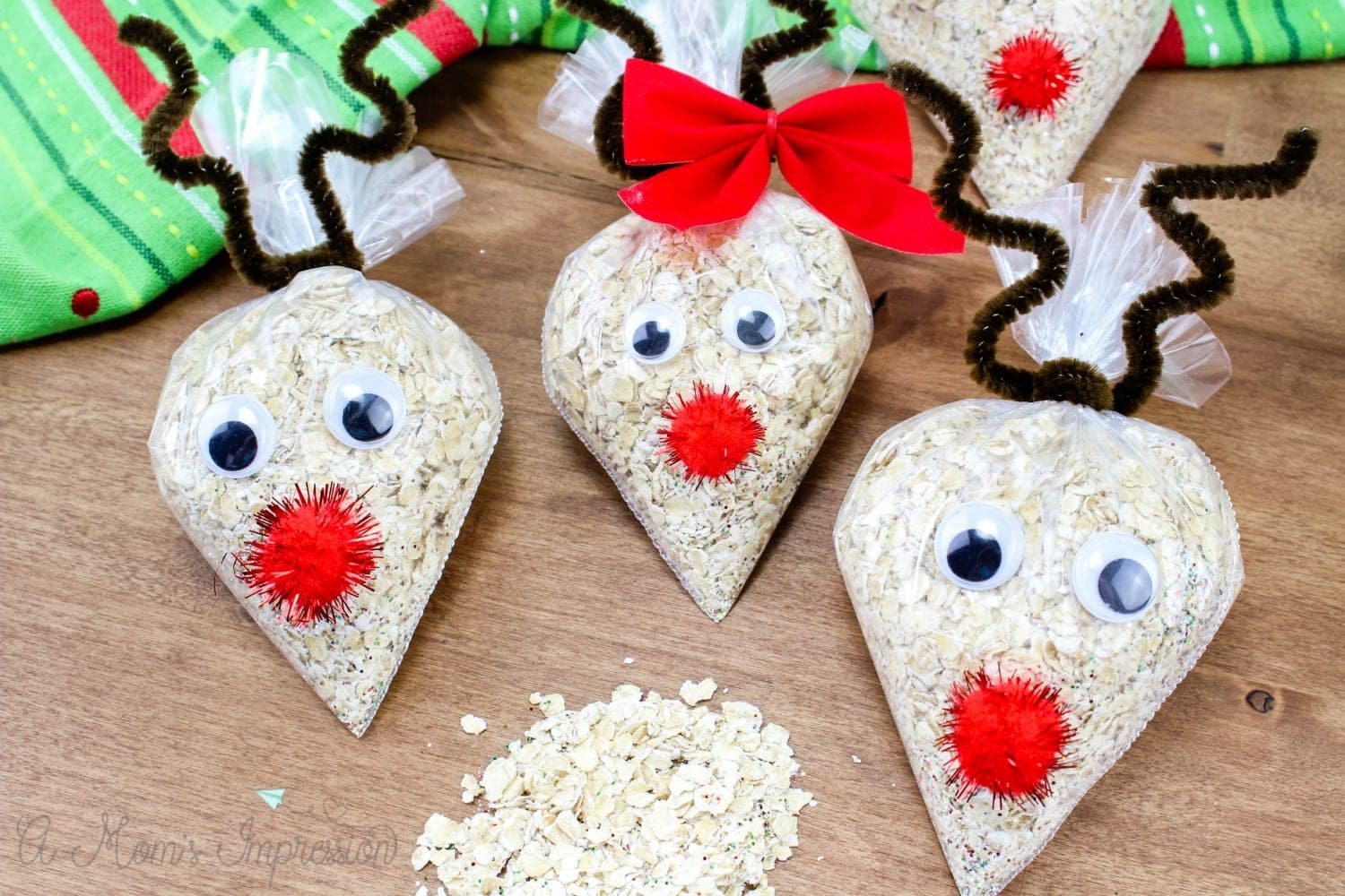 Oatmeal Reindeer Food sitting on a counter with christmas decorations. 