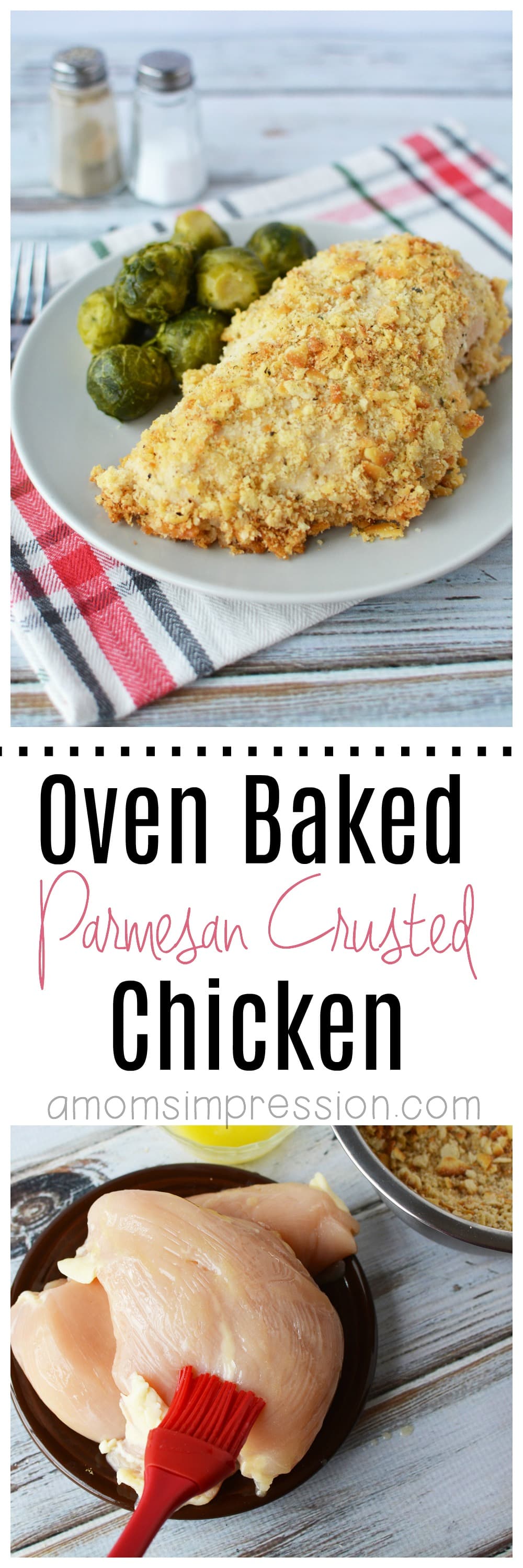 Looking to cut out a few calories? This healthier for you oven baked parmesan crusted chicken is easy to make and a lot better than the fried version. #parmesanchicken