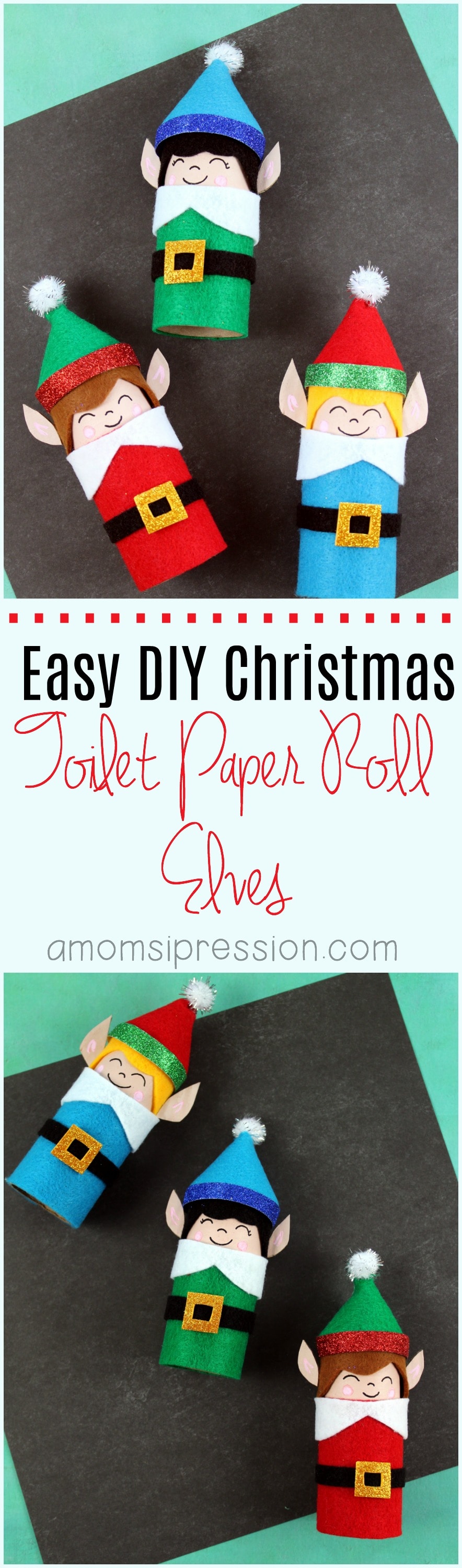 Adorable DIY Christmas toilet paper roll elves are easy crafts that you can make with your kids. They are perfect for gifts for grandparents, or they could easily be turned into ornaments for the tree. #Christmas #Crafts