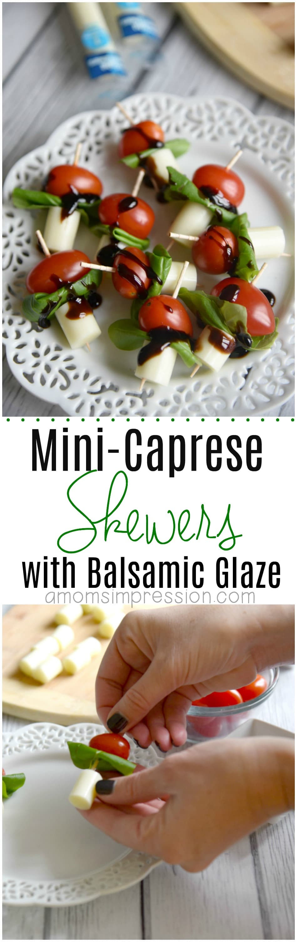 Simple Mini Caprese Skewers with Balsamic Glaze are perfect for a healthier appetizer option at any party or gathering. This recipe is easy and ready for your party in minutes. #Caprese