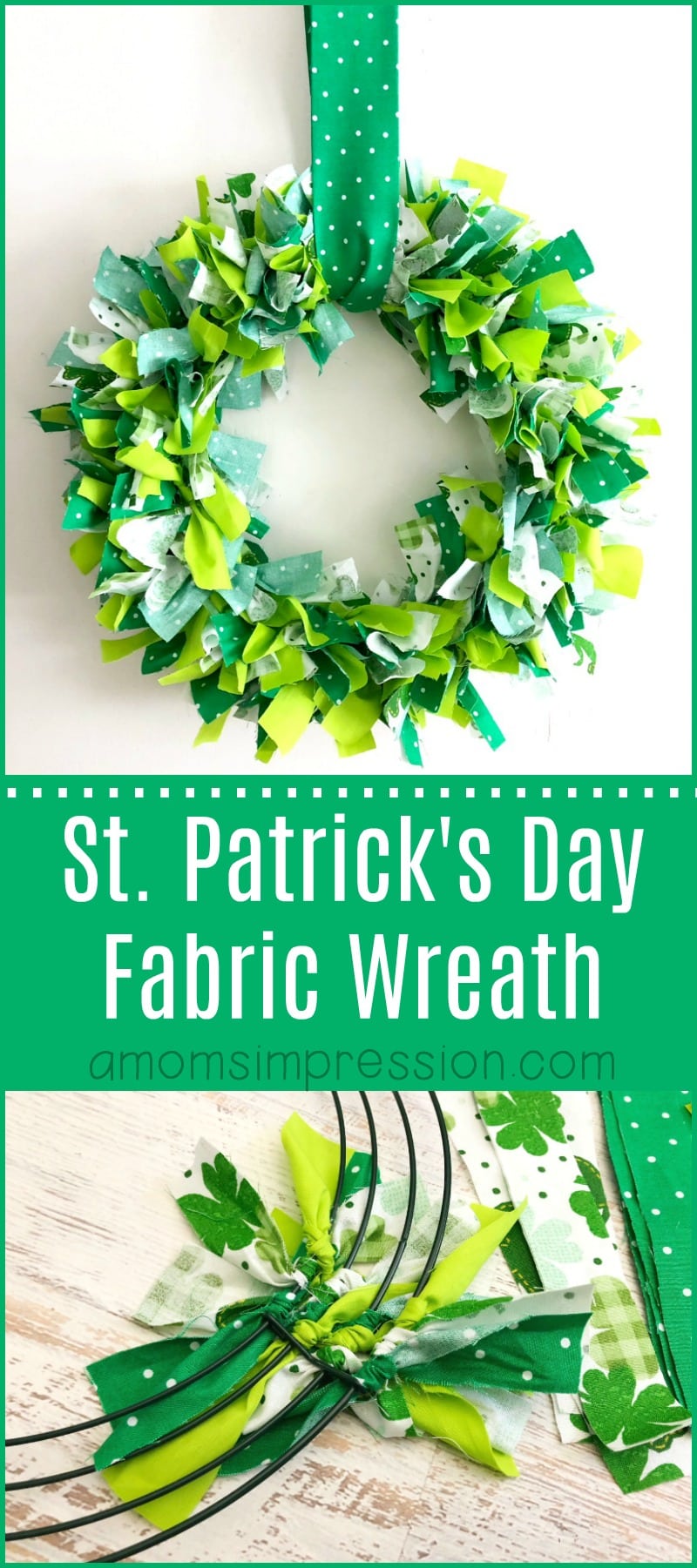 This fabric shamrock wreath is easy to put together and is the perfect addition to your St. Patty's decor!