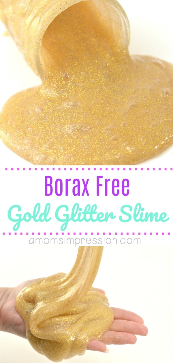 This DIY gold glitter slime recipe is simple to make in minutes and is made without Borax. Using just 2 ingredients (glitter glue and liquid starch), even your littlest one can help in the fun!