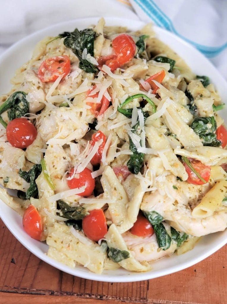 Instant-Pot-Chicken-Pesto-Penne in a big white bowl on a table