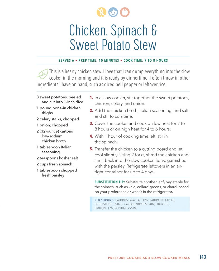 A recipe written out for chicken spinach and sweet potato stew recipe