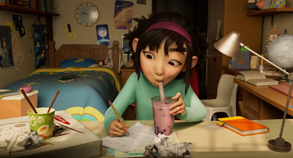 Fei Fei drinking a bubble tea in Over the Moon