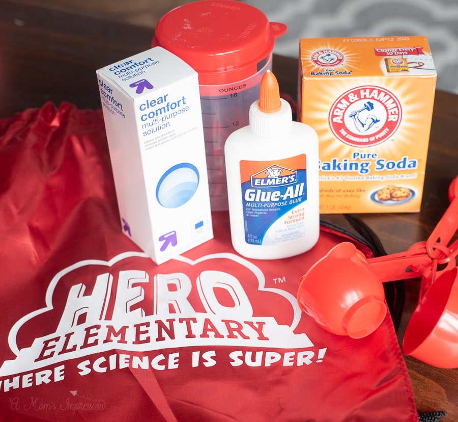 supplies for slime laid out on a table