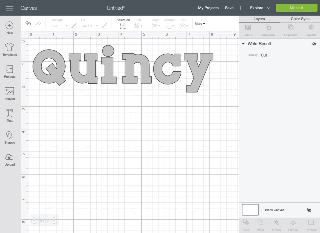 a screenshot of Cricut Design Space with the name Quincy on it