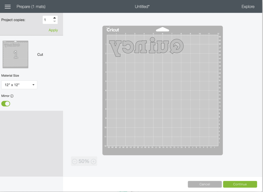 Cricut Design Space Screenshot of mirroring