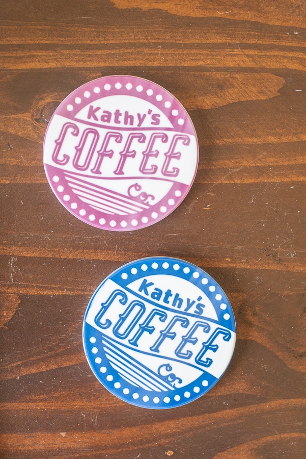 a red and blue coffee co coaster 