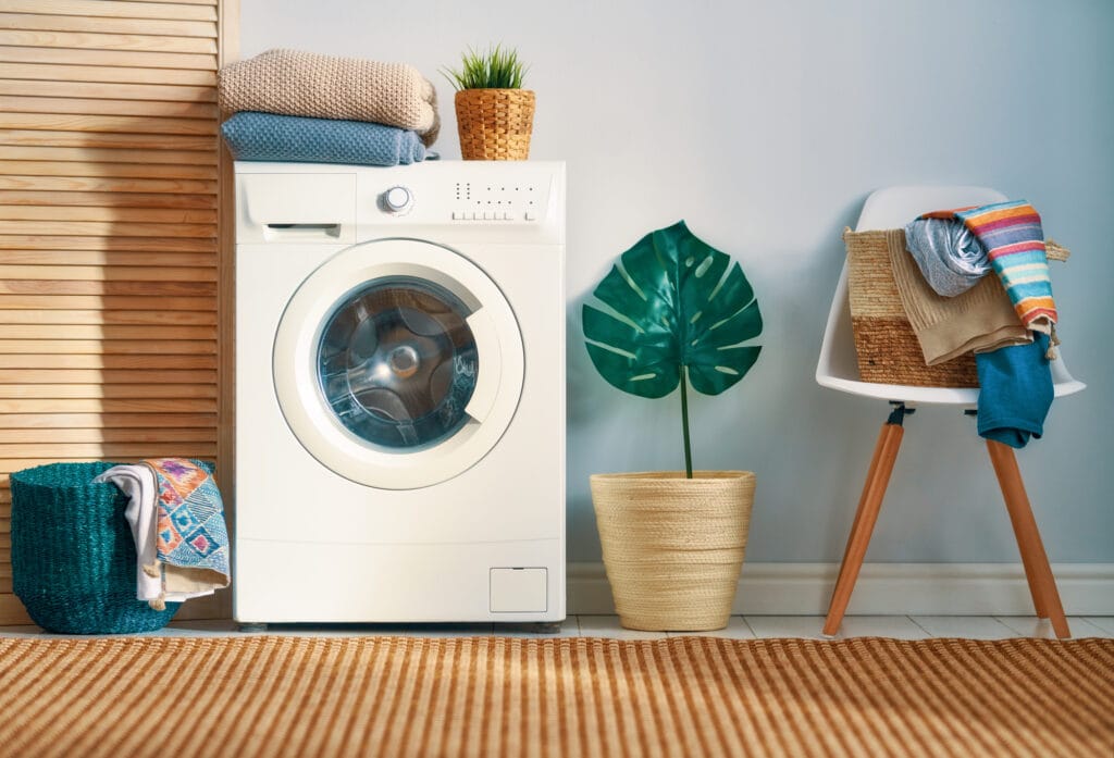 A beautiful laundry room with a plant and a chair. 