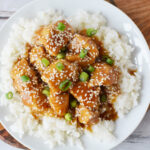 Instant Pot Sesame Chicken Recipe being served with white rice.